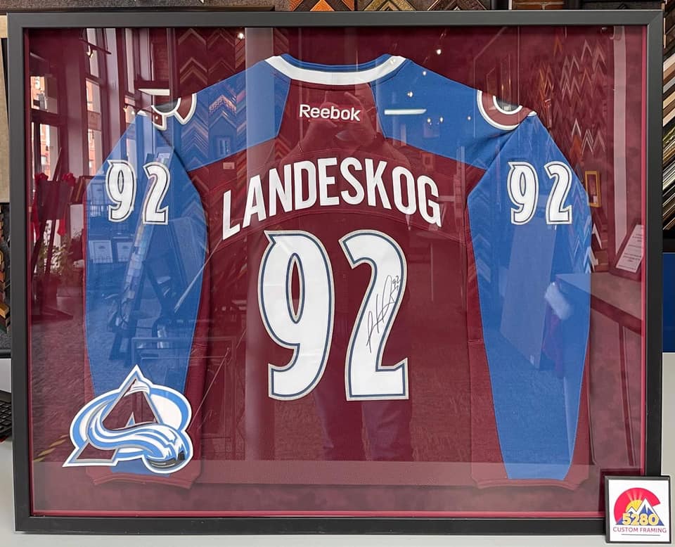 Custom framed Gabe Landeskog Colorado Avalanche jersey. Custom