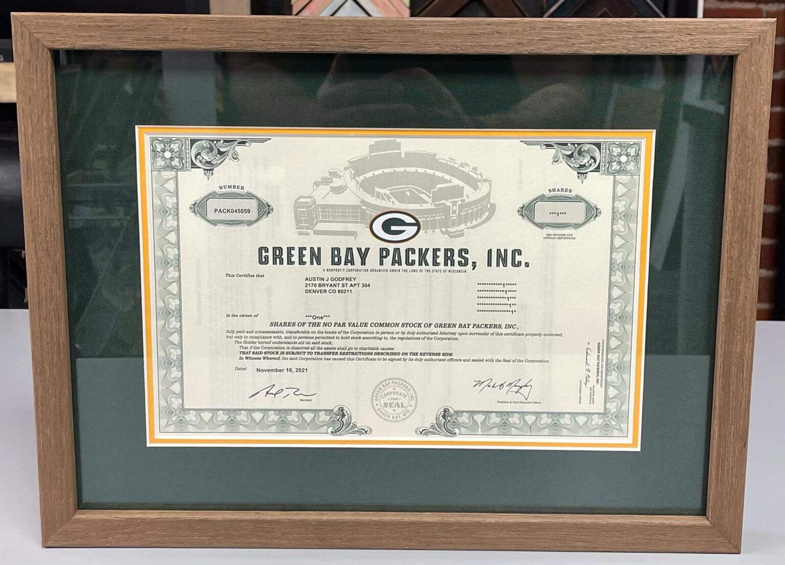 Green Bay Packers Framed Stock Certificate 5280 Custom Framing