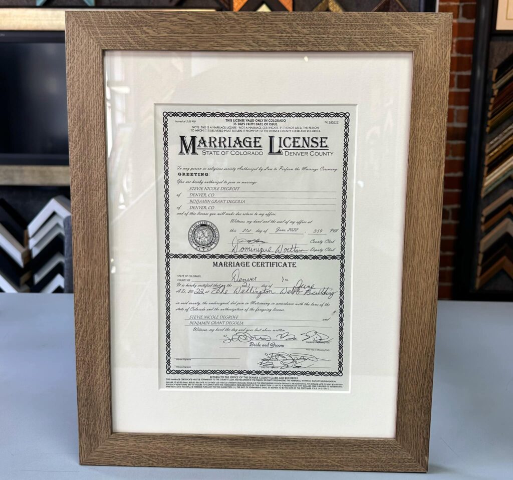 Custom Framed Marriage License Denver 