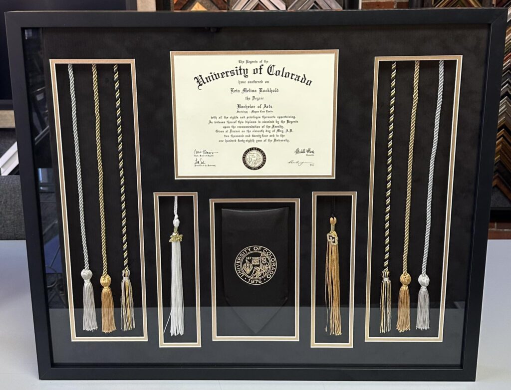 Custom Framed CU Boulder Diploma, Tassles & Sash