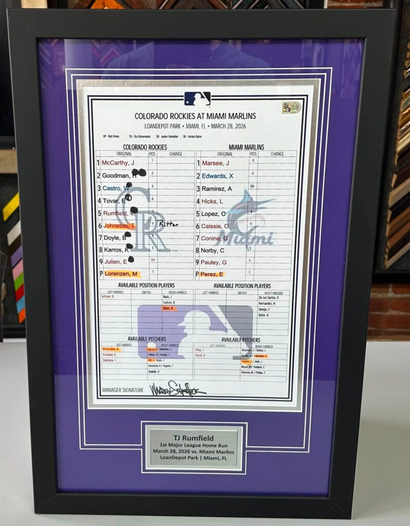 Custom Framed TJ Rumfield Colorado Rockies Lineup Card