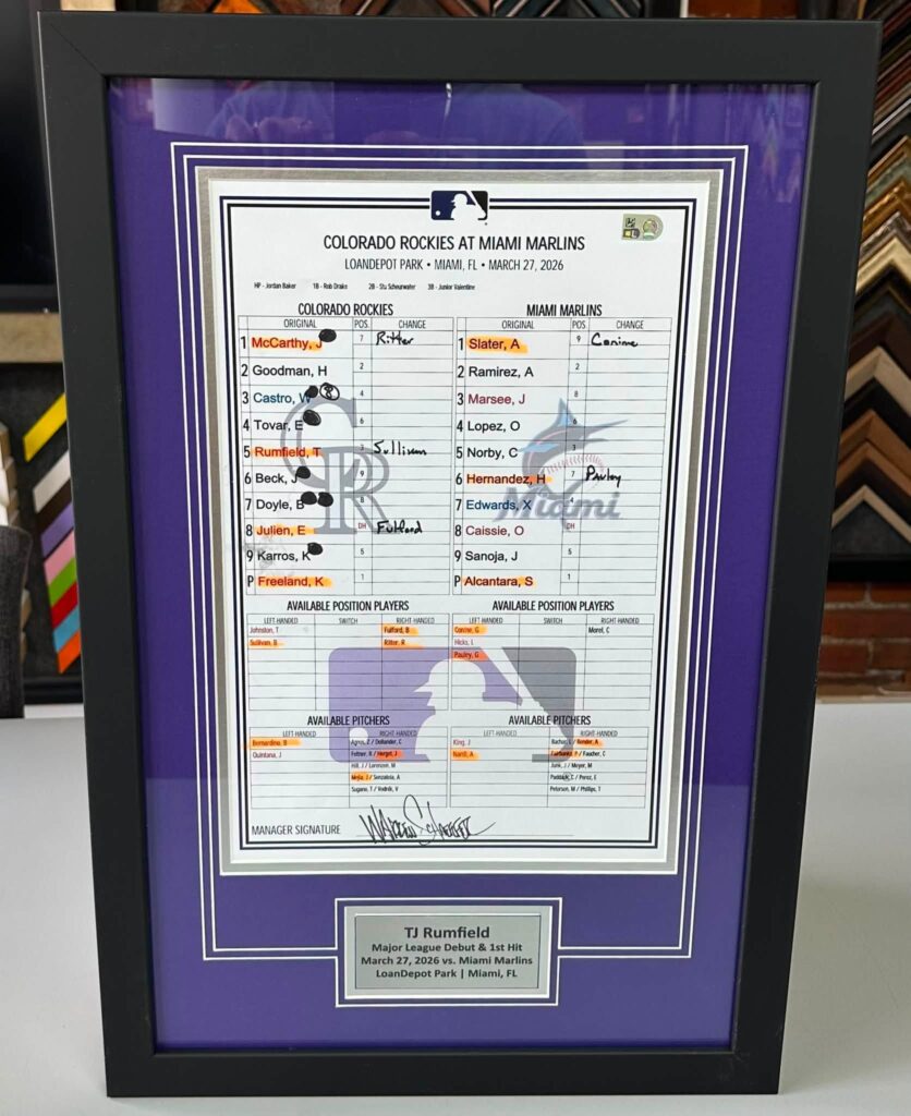 Custom Framed TJ Rumfield Colorado Rockies Lineup Card