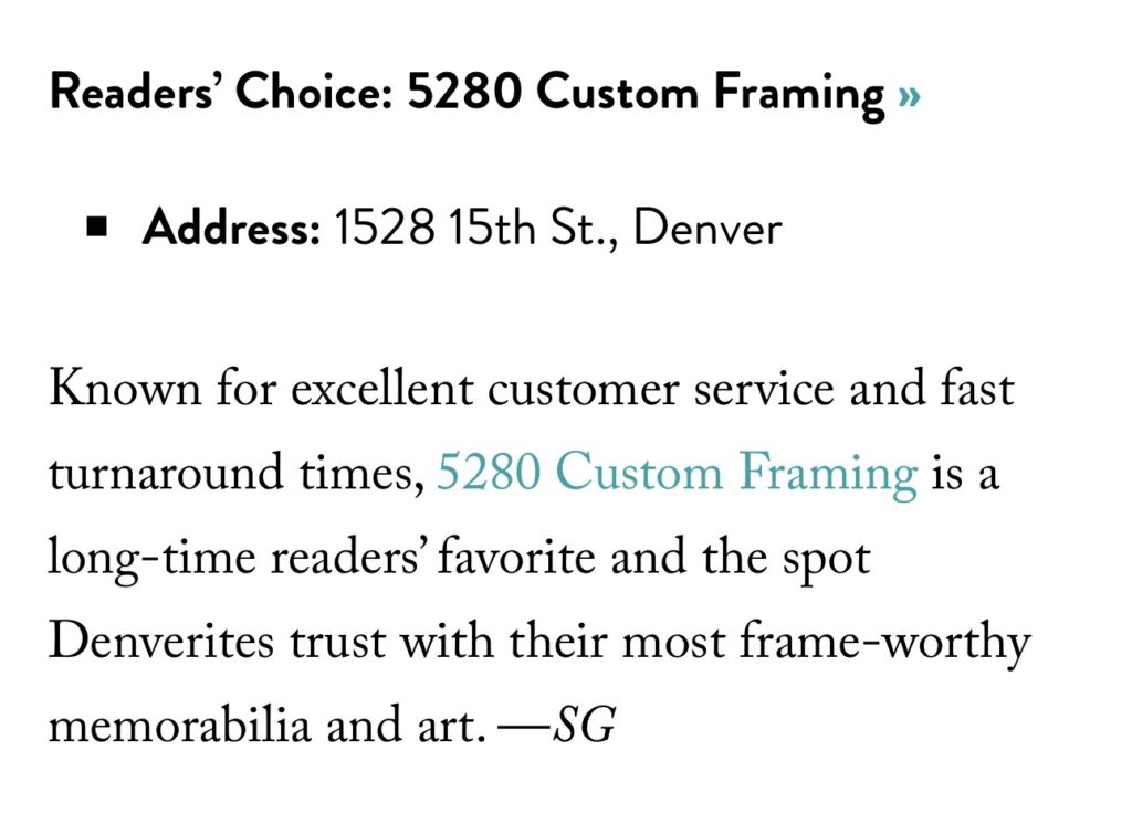 5280 Custom Framing | Top of the Town 2026 Winner!