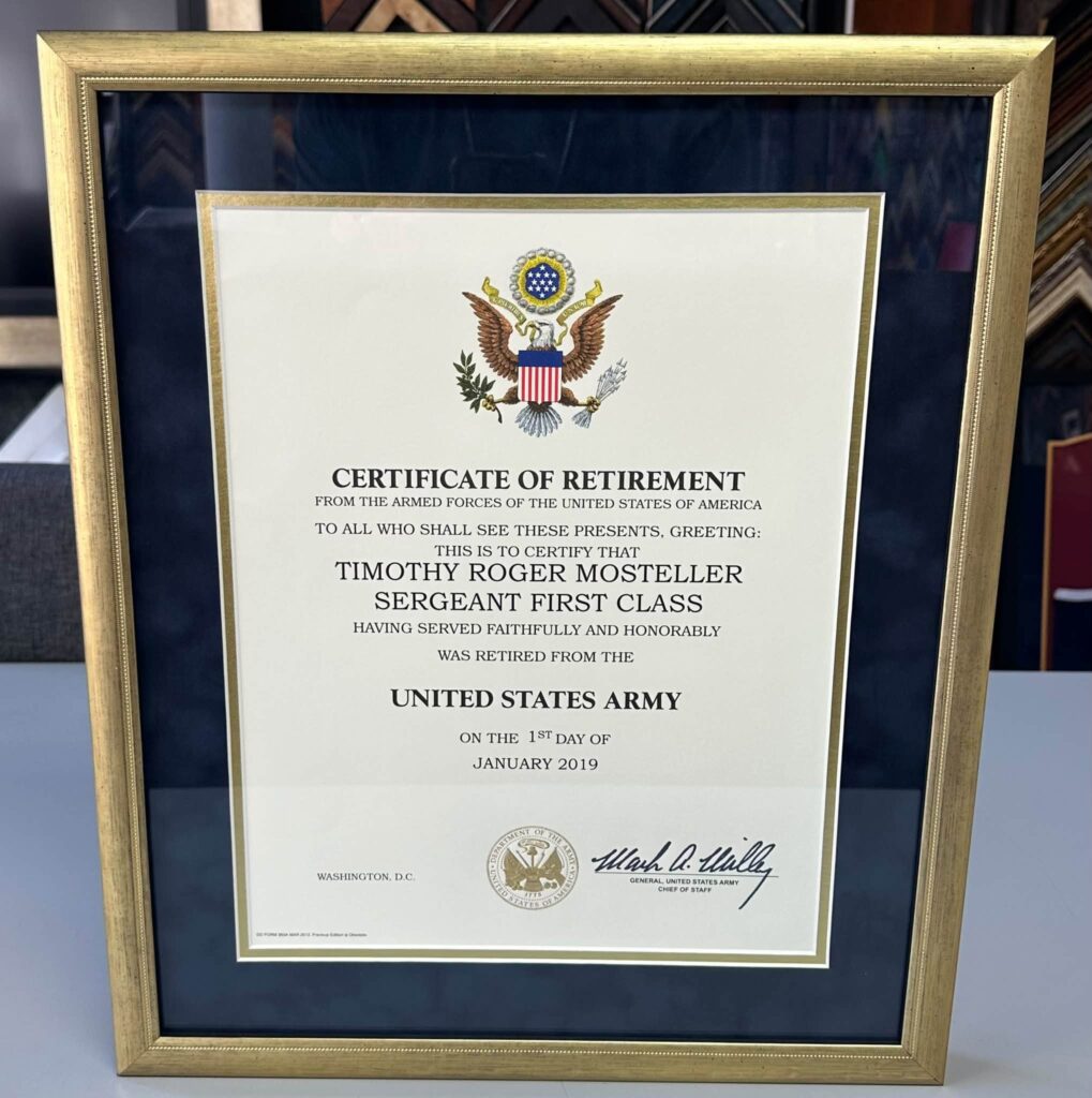 Custom Framed United States Army Certificate of Retirement